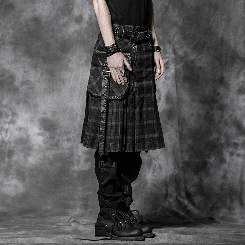 PUNK RAVE Men's Punk Pleated Kilt with Skull Pocket