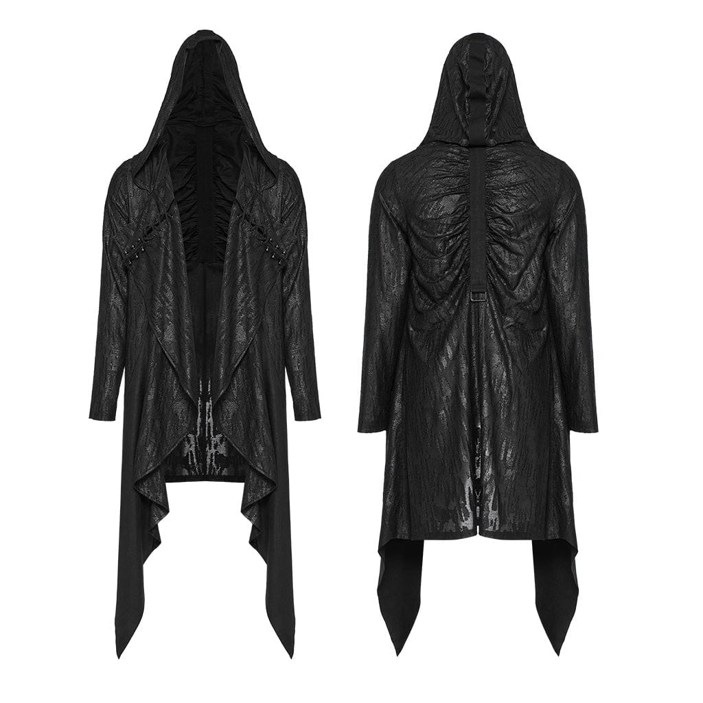 PUNK RAVE Men's Punk Pleated Long Coat with a Hood