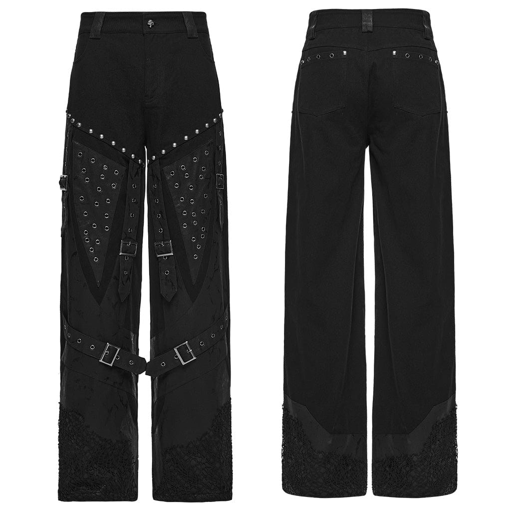 PUNK RAVE Men's Punk Rivet Eyelet Buckle Strap Straight Pants
