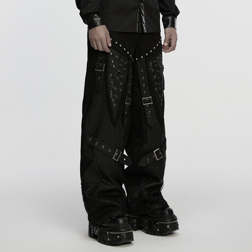 PUNK RAVE Men's Punk Rivet Eyelet Buckle Strap Straight Pants