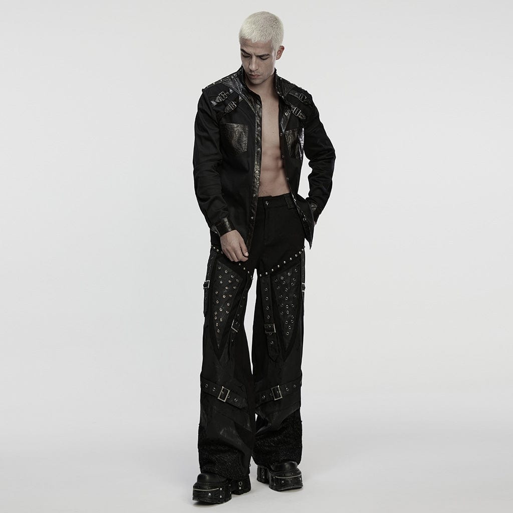 PUNK RAVE Men's Punk Rivet Eyelet Buckle Strap Straight Pants