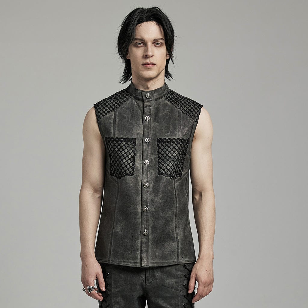 PUNK RAVE Men's Punk Rock Stand Collar Mesh Splice Black Grey Vest