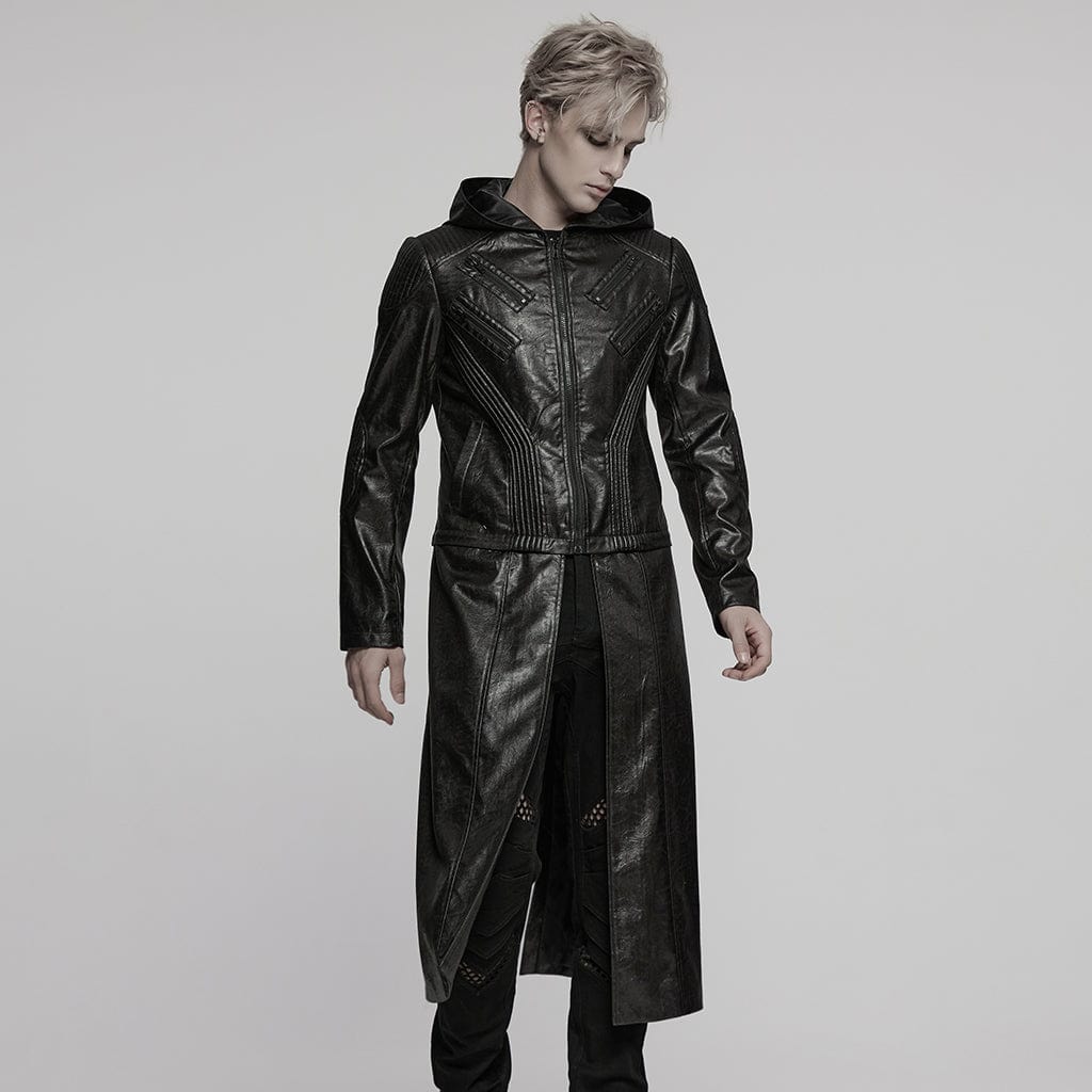 PUNK RAVE Men's Punk Ruched Faux Leather Detachable Coat