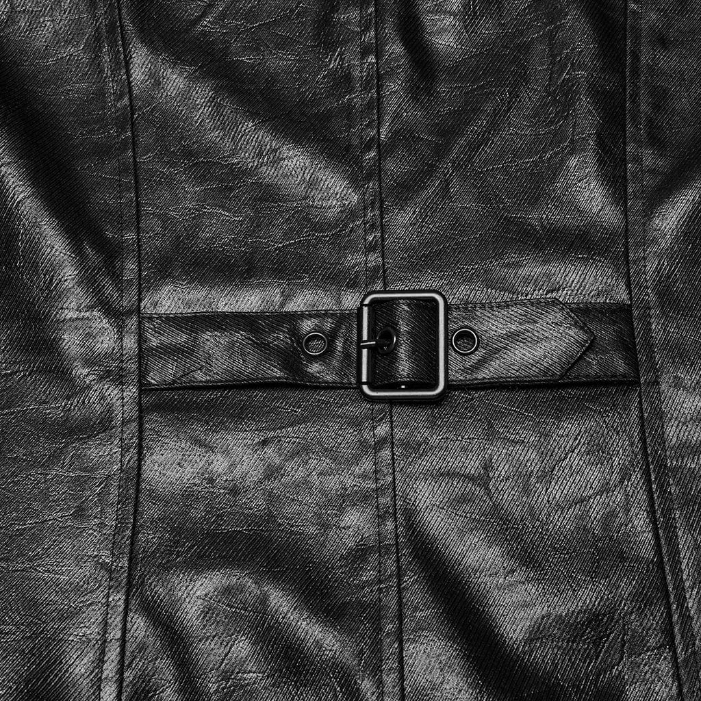 PUNK RAVE Men's Punk Ruched Faux Leather Detachable Coat