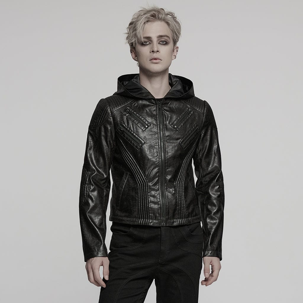 PUNK RAVE Men's Punk Ruched Faux Leather Detachable Coat