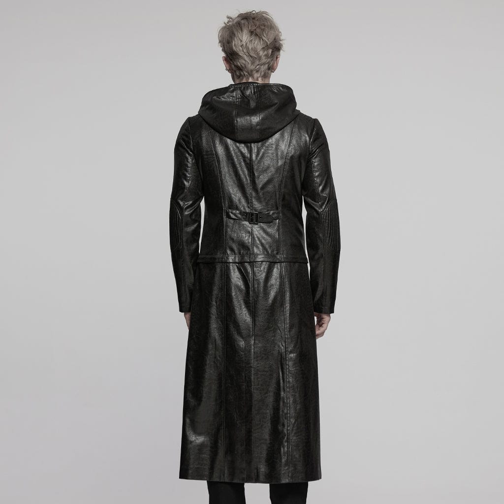 PUNK RAVE Men's Punk Ruched Faux Leather Detachable Coat