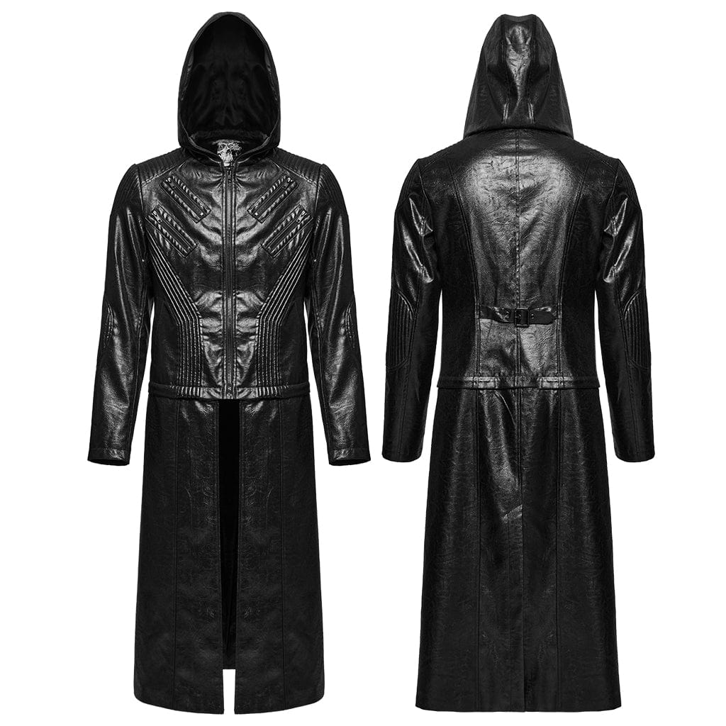 PUNK RAVE Men's Punk Ruched Faux Leather Detachable Coat