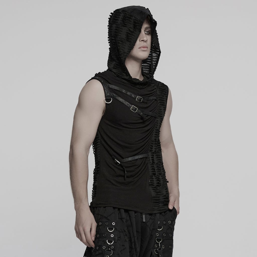 PUNK RAVE Men's Punk Ruched Ripped Hooded Vest