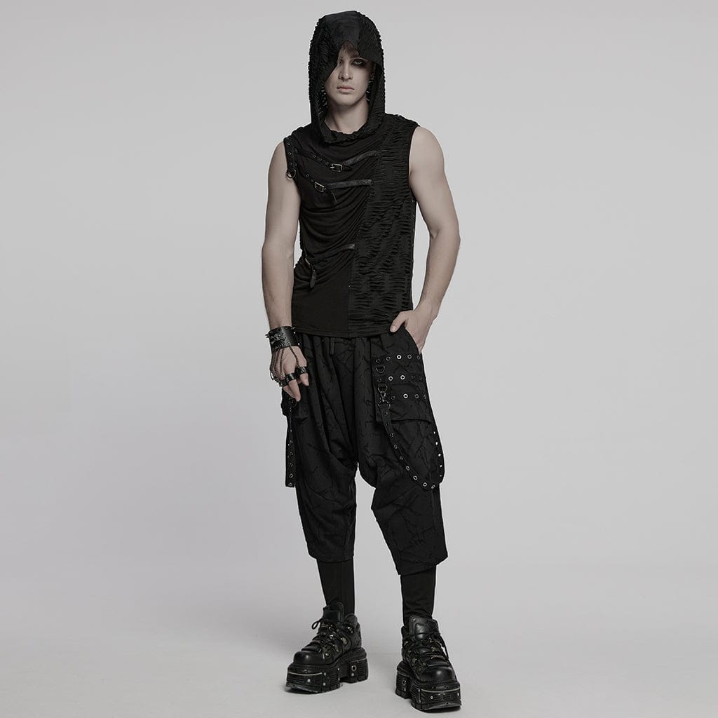PUNK RAVE Men's Punk Ruched Ripped Hooded Vest