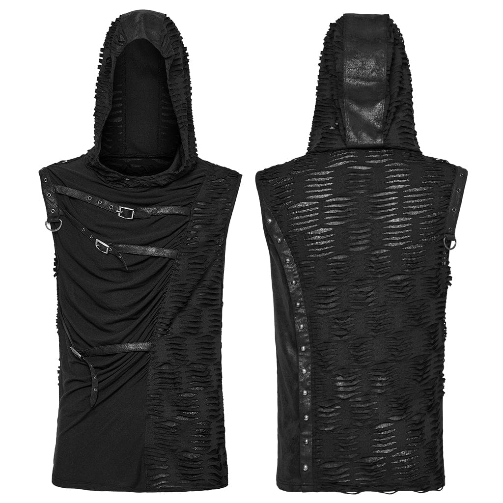 PUNK RAVE Men's Punk Ruched Ripped Hooded Vest