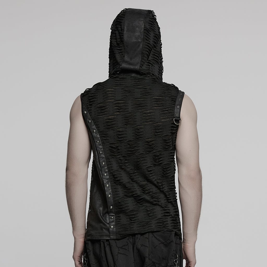 PUNK RAVE Men's Punk Ruched Ripped Hooded Vest