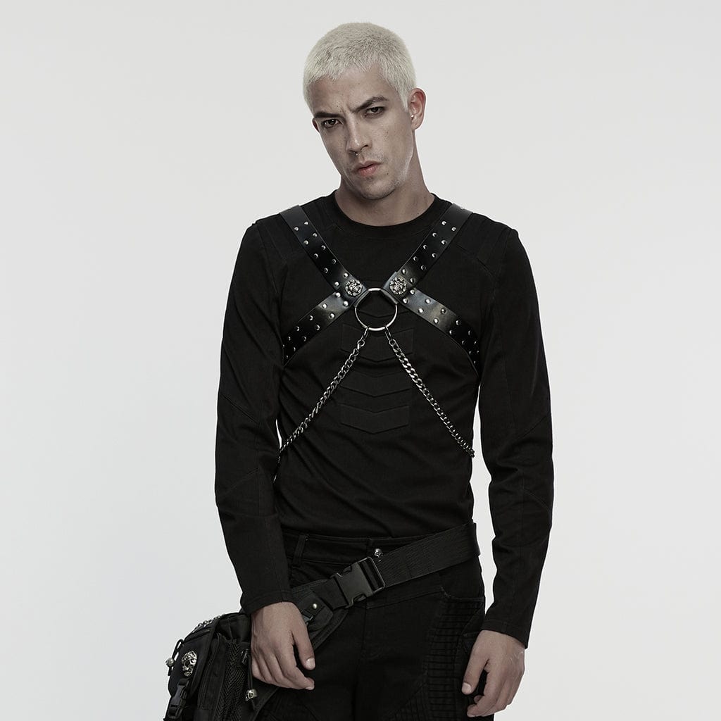 PUNK RAVE Men's Punk Skull Buckle-up Faux Leather Harness with Detachable Chains