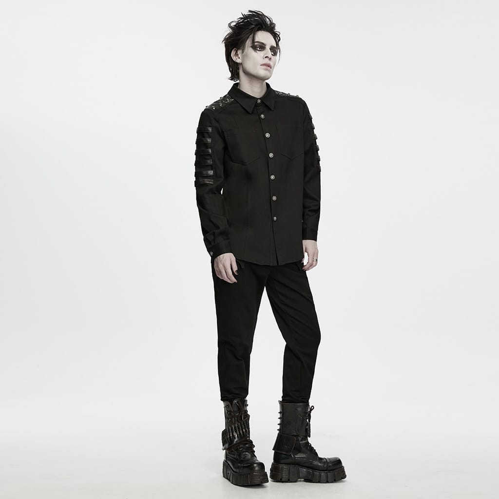 PUNK RAVE Men's Punk Skull Embossed Button Turn-down Collar Long Sleeve Shirt