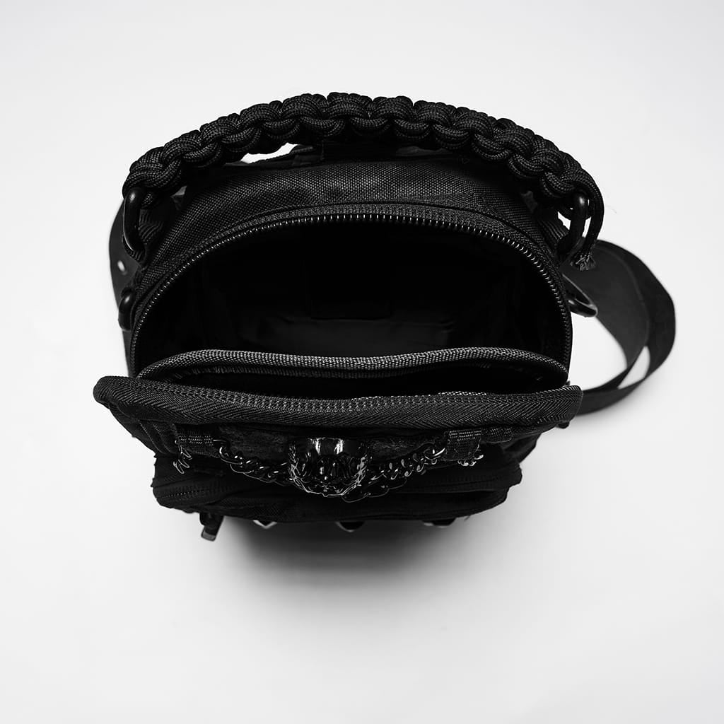 PUNK RAVE Men's Punk Skull Rivets Chained Crossbody Bag Black