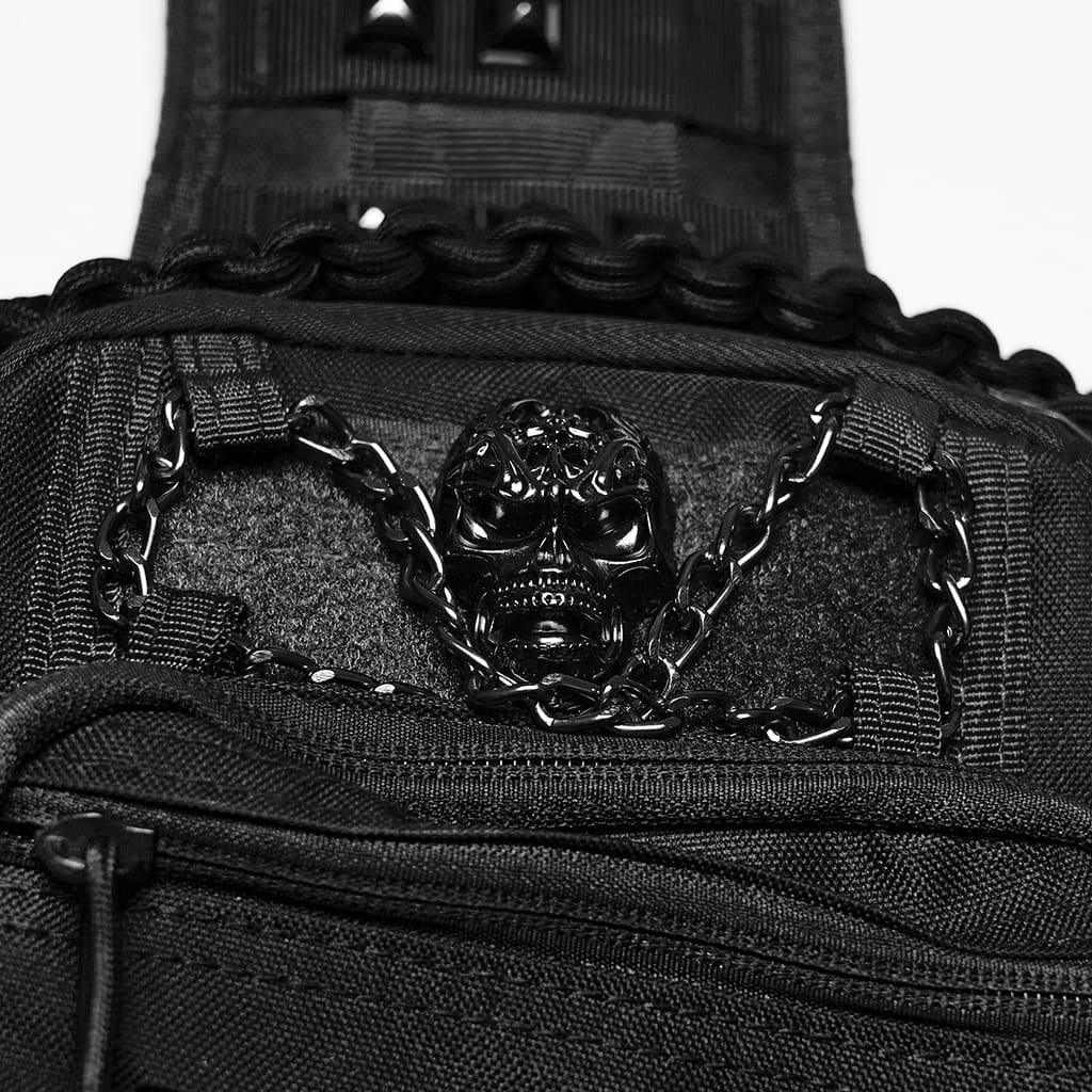 PUNK RAVE Men's Punk Skull Rivets Chained Crossbody Bag Black