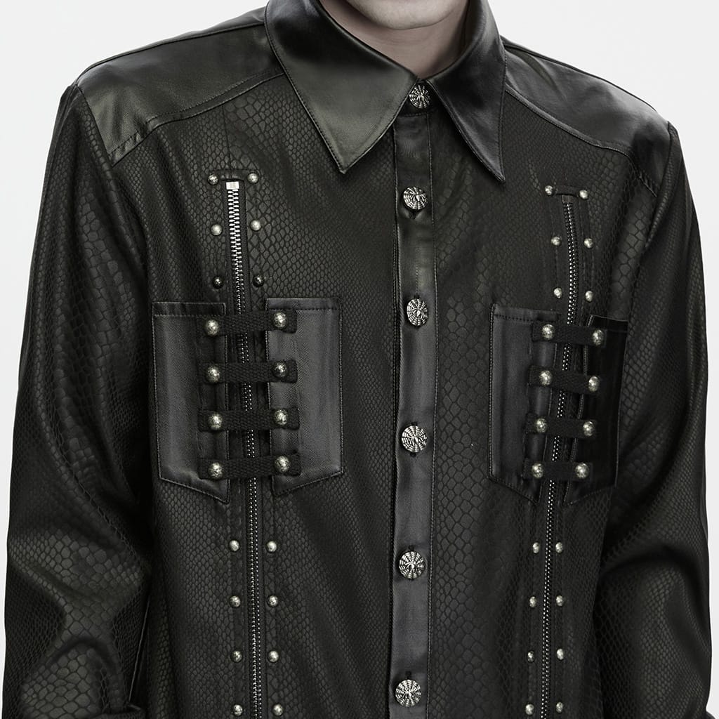 PUNK RAVE Men's Punk Snake Pattern Studded Turn-down Collar Long Sleeve Shirt