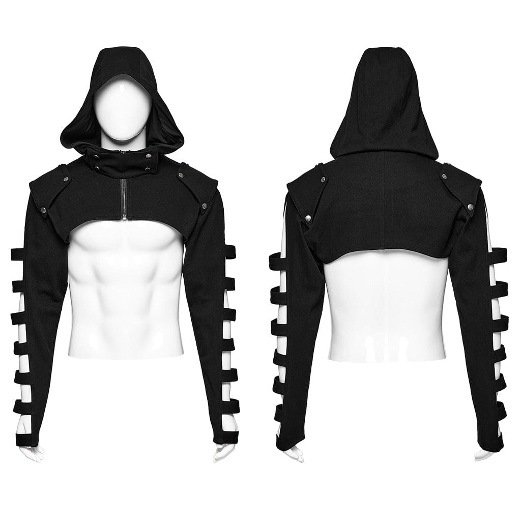PUNK RAVE Men's Punk Stand Collar Cutout Jacket with Hood