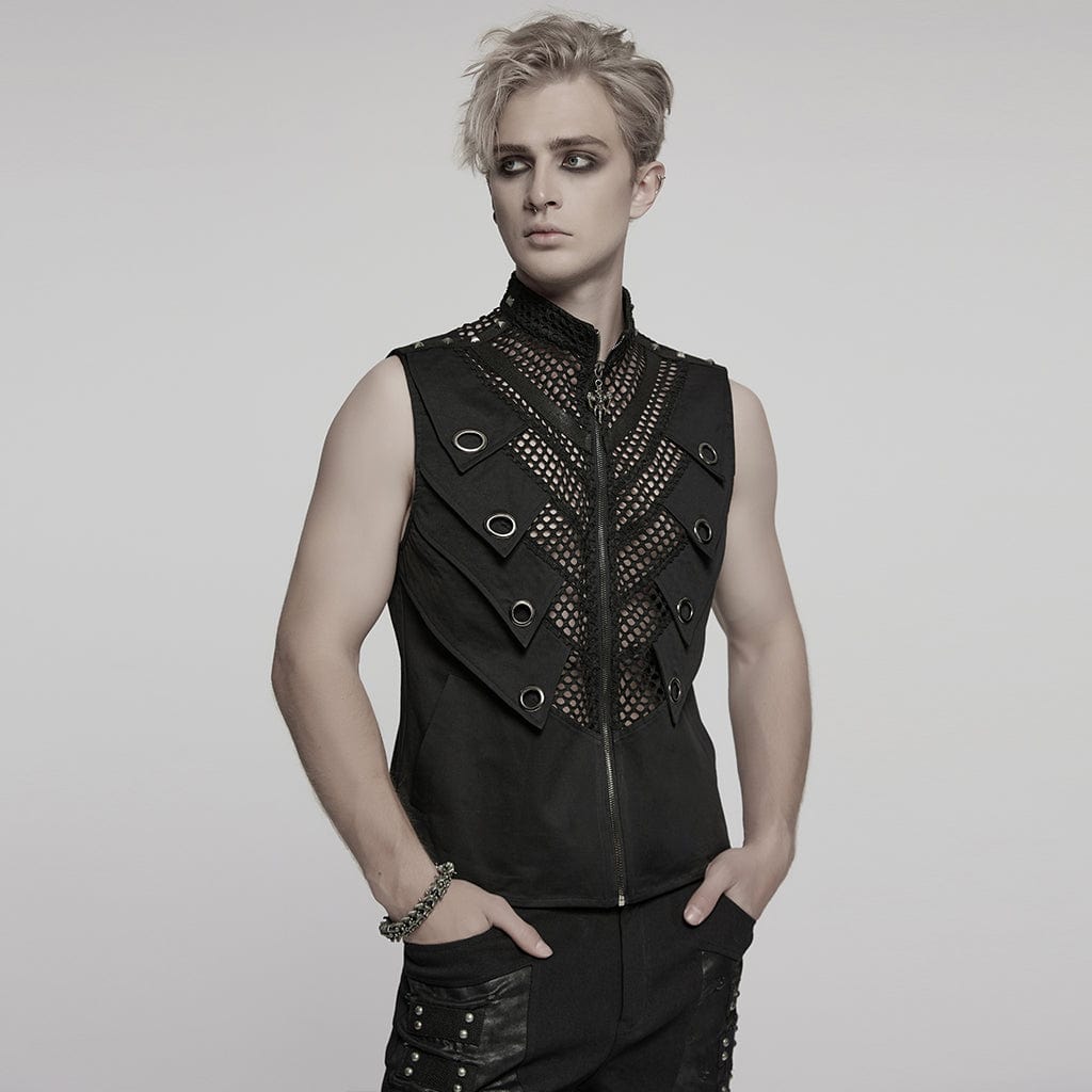 PUNK RAVE Men's Punk Stand Collar Mesh Splice Studded Vest