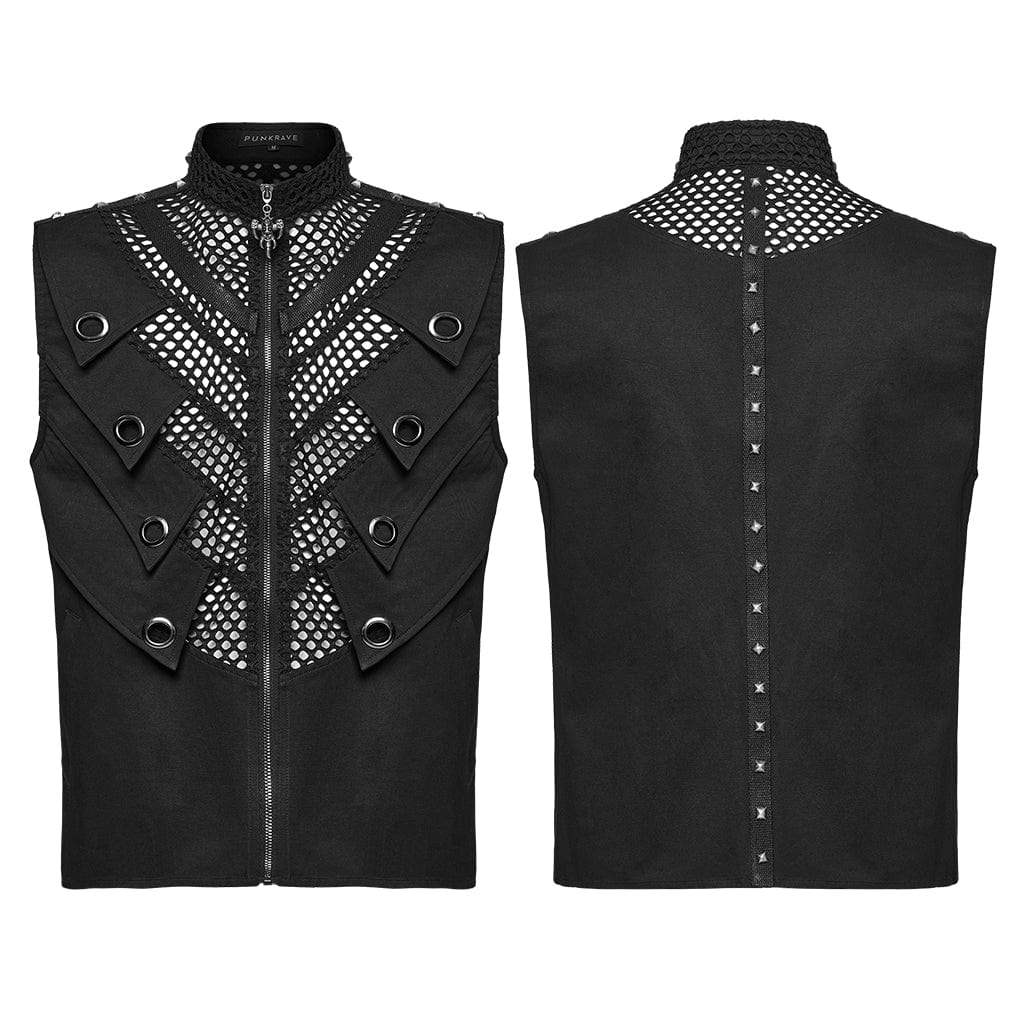 PUNK RAVE Men's Punk Stand Collar Mesh Splice Studded Vest