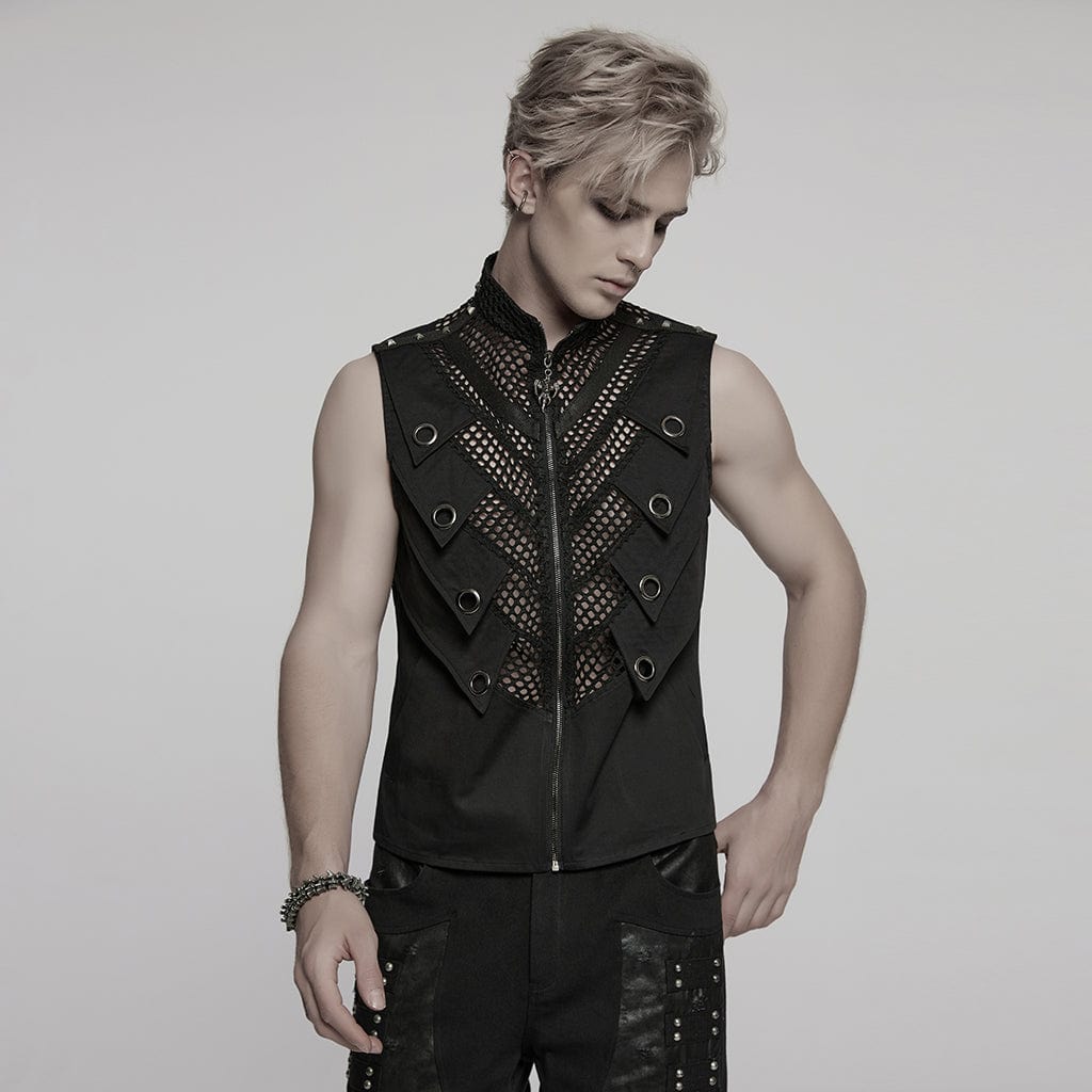 PUNK RAVE Men's Punk Stand Collar Mesh Splice Studded Vest