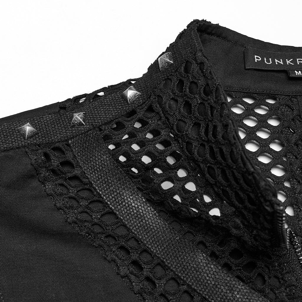 PUNK RAVE Men's Punk Stand Collar Mesh Splice Studded Vest