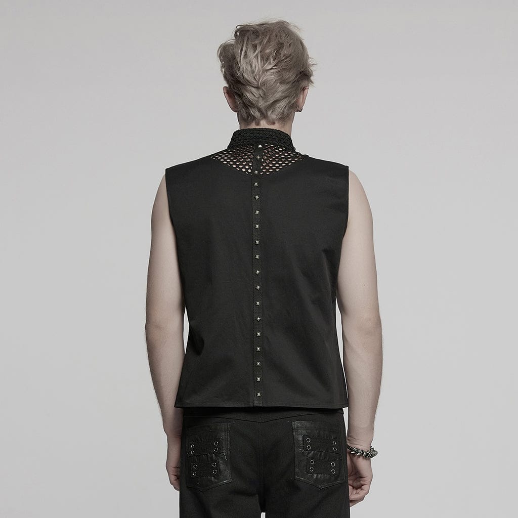 PUNK RAVE Men's Punk Stand Collar Mesh Splice Studded Vest