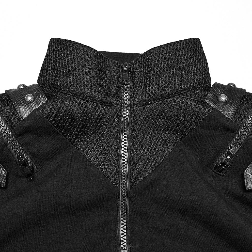 PUNK RAVE Men's Punk Stand Collar Mesh Splice Zipper Vest