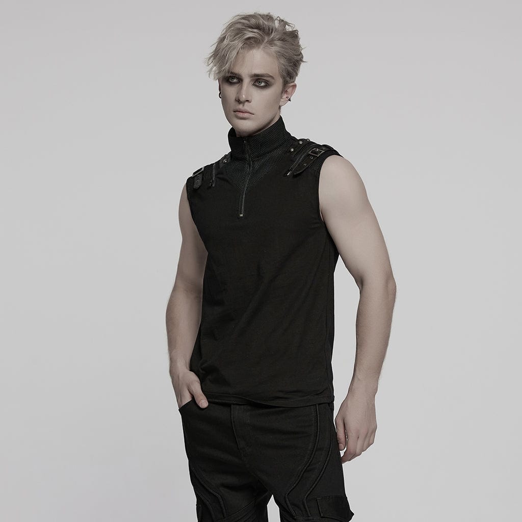 PUNK RAVE Men's Punk Stand Collar Mesh Splice Zipper Vest