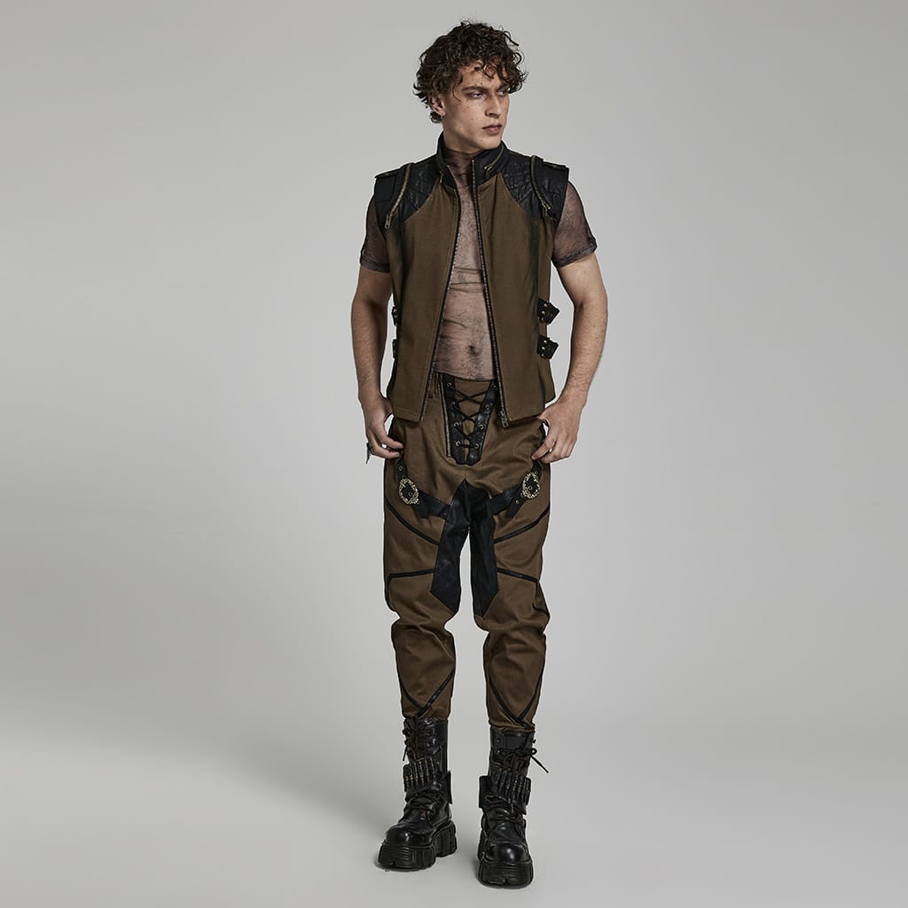 PUNK RAVE Men's Punk Stand Collar Strap Vest Coffee