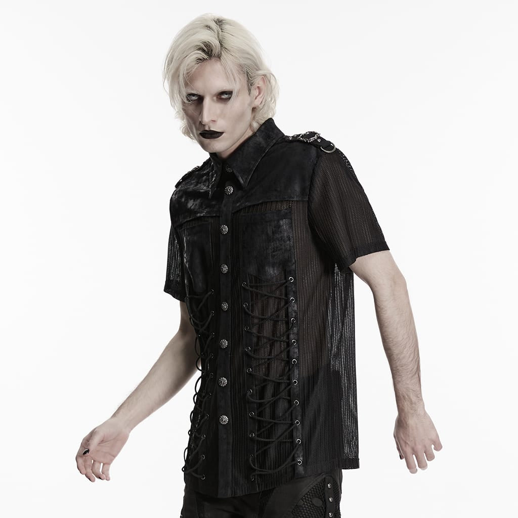 PUNK RAVE Men's Punk Strappy Patchwork Mesh Shirt