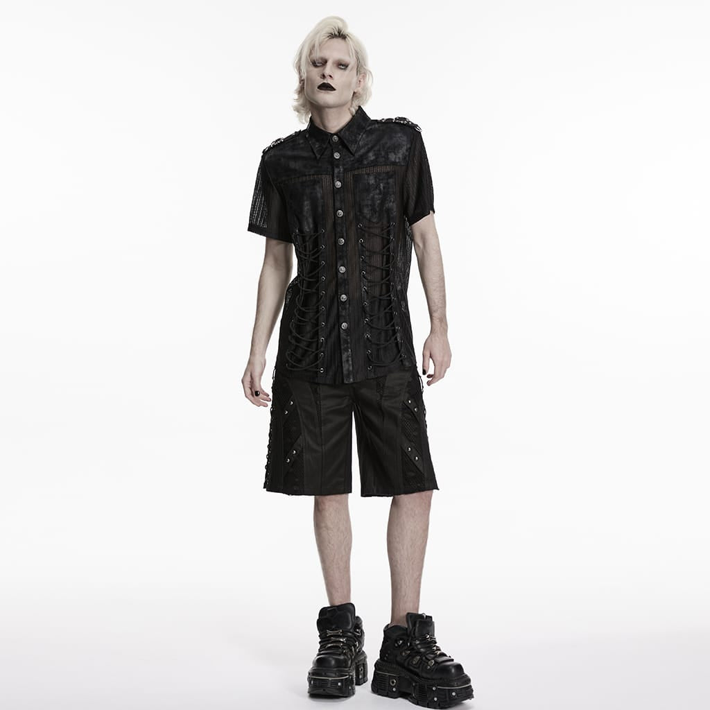 PUNK RAVE Men's Punk Strappy Patchwork Mesh Shirt
