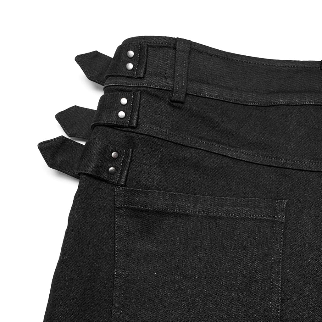 PUNK RAVE Men's Punk Straps Slim Fitted Straight Leg Jeans