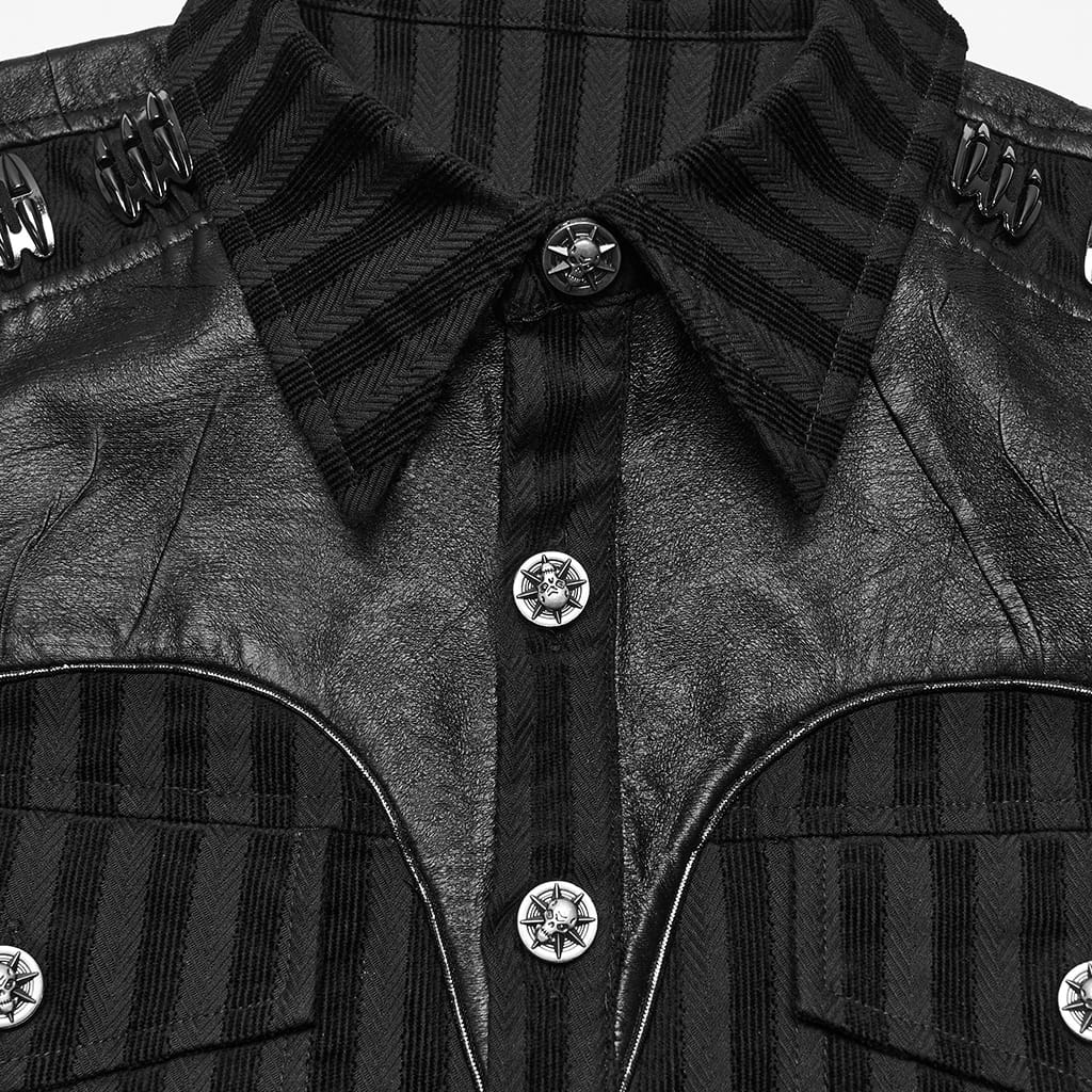 PUNK RAVE Men's Punk Striped Collared Patchwork Long Sleeve Shirt