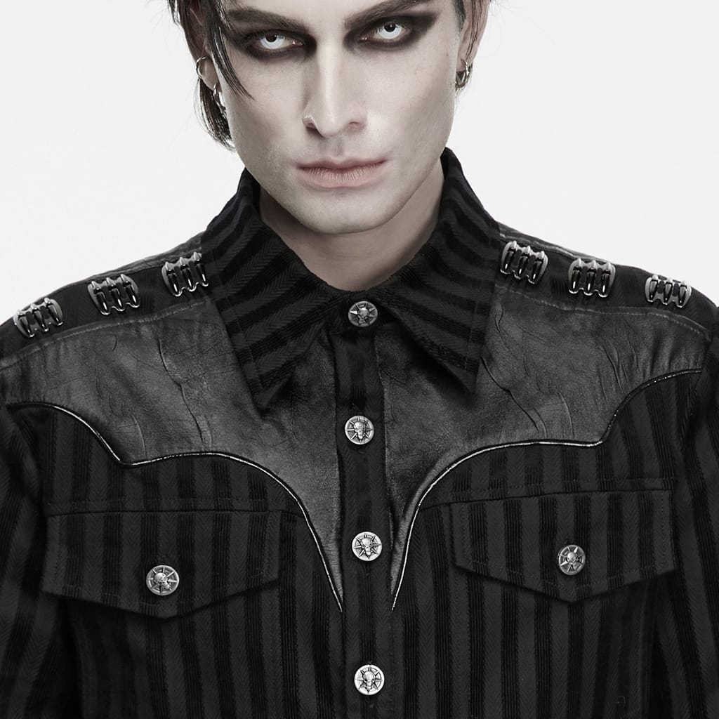 PUNK RAVE Men's Punk Striped Collared Patchwork Long Sleeve Shirt