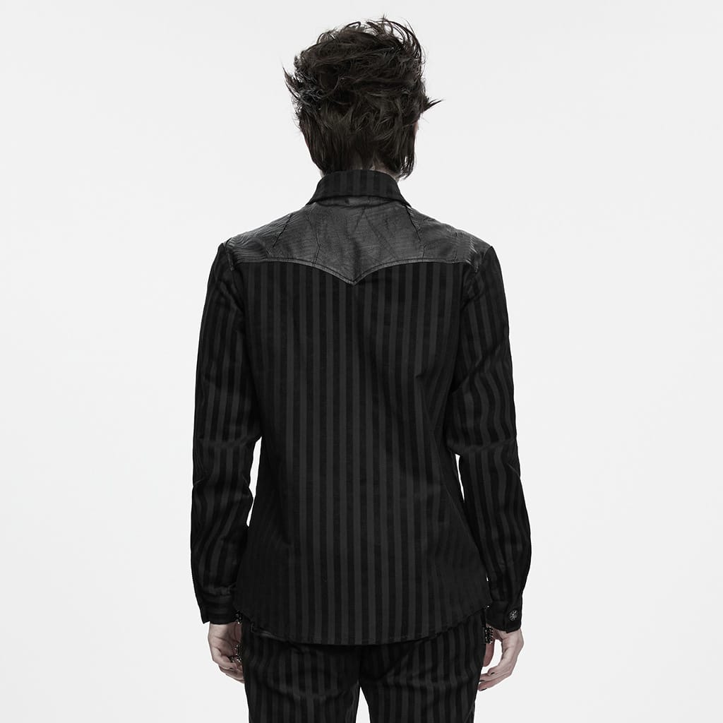 PUNK RAVE Men's Punk Striped Collared Patchwork Long Sleeve Shirt