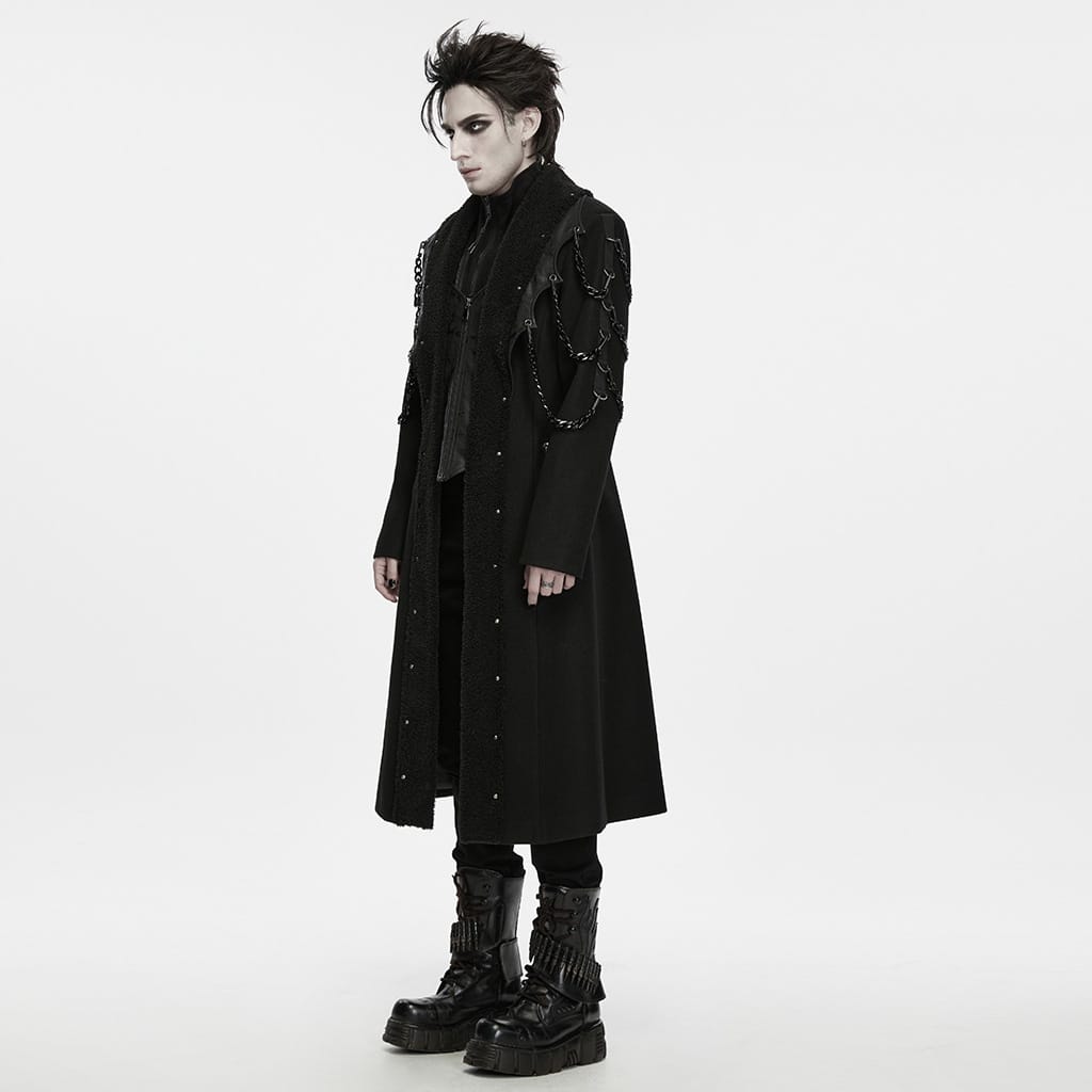 PUNK RAVE Men's Punk Studded Chain Lapel Long Jacket