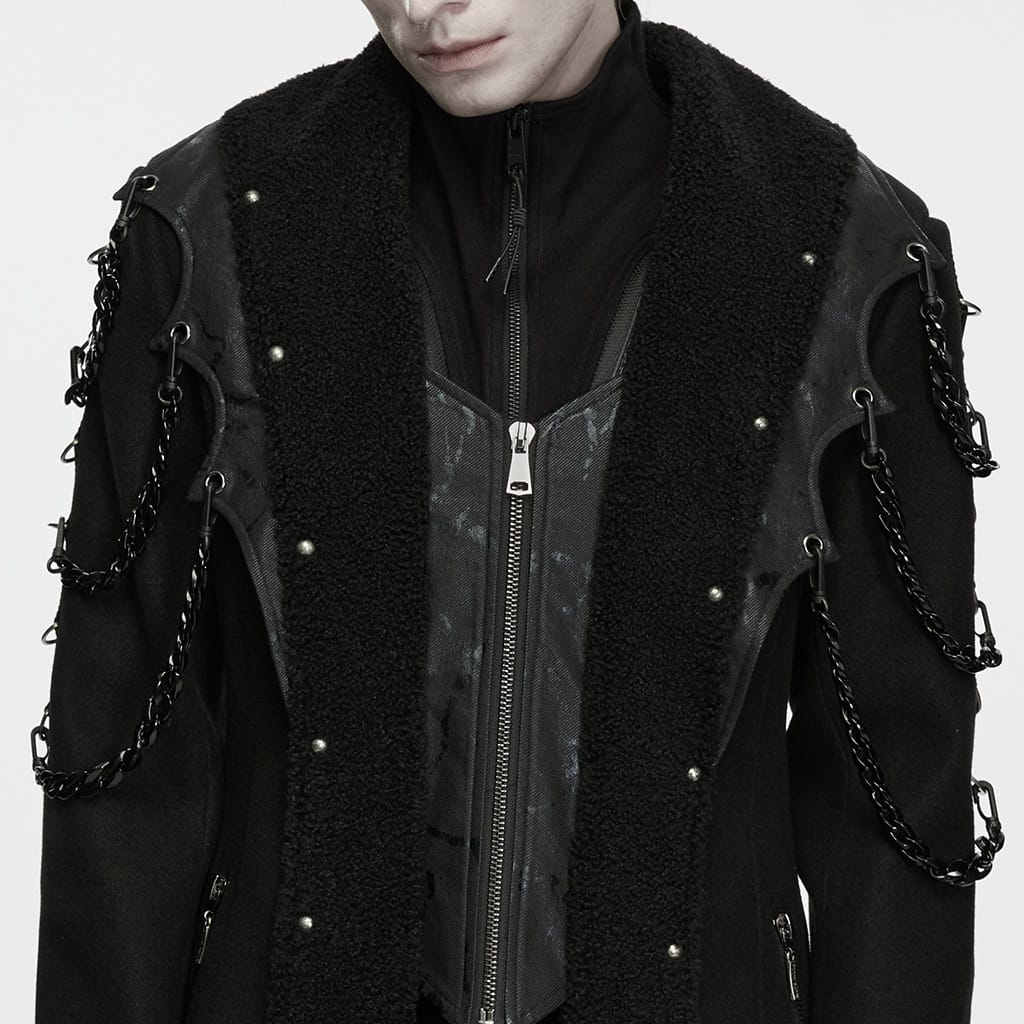 PUNK RAVE Men's Punk Studded Chain Lapel Long Jacket