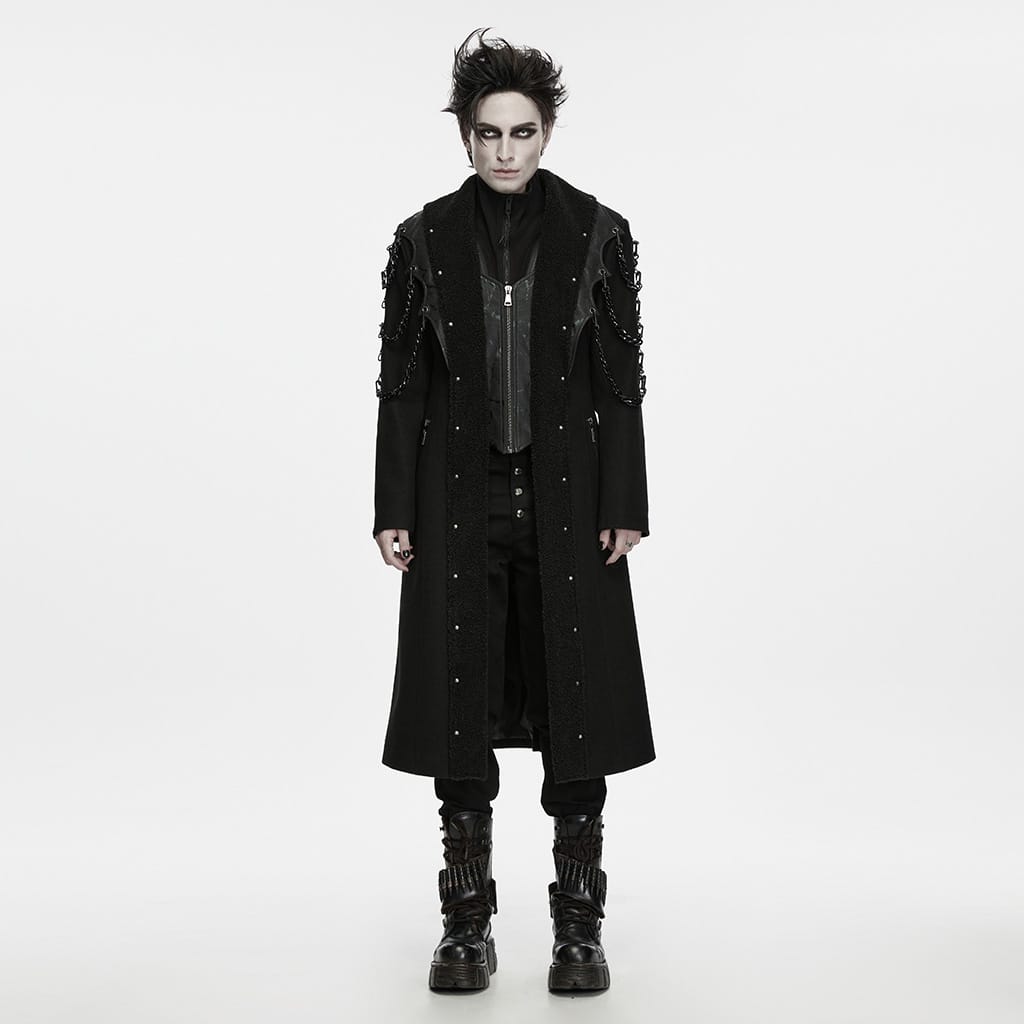 PUNK RAVE Men's Punk Studded Chain Lapel Long Jacket