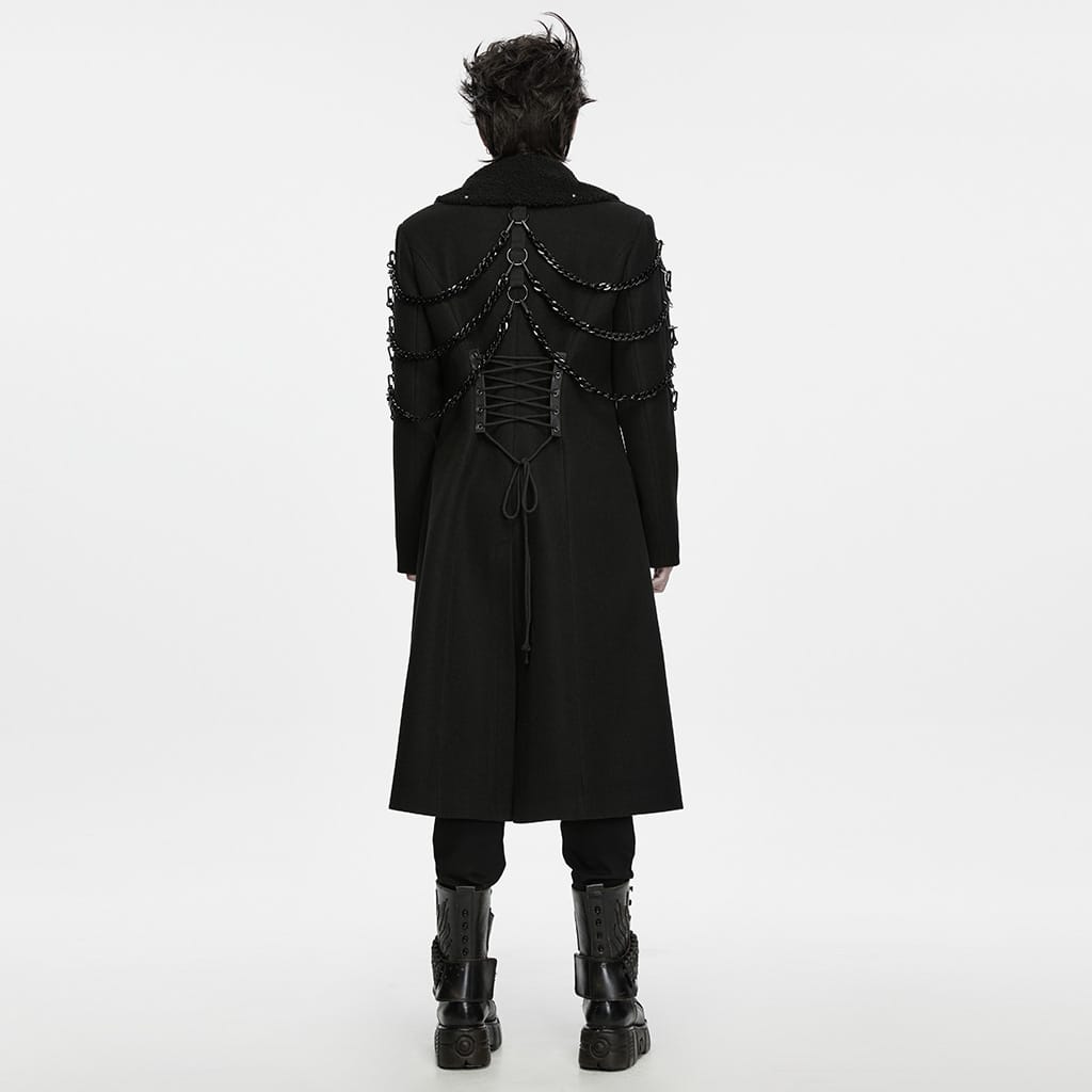PUNK RAVE Men's Punk Studded Chain Lapel Long Jacket