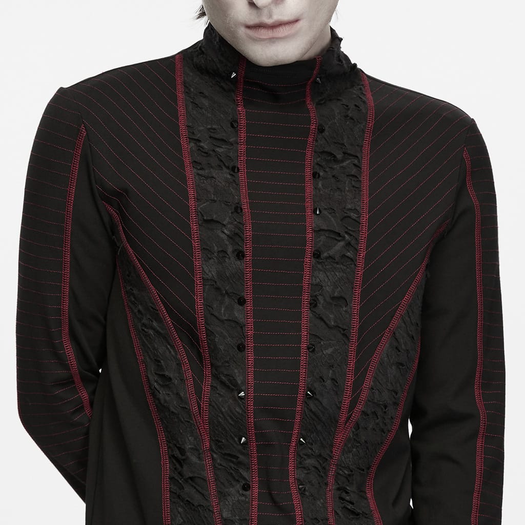 PUNK RAVE Men's Punk Studded Distressed Mock Neck Long Sleeve Top Black-Red