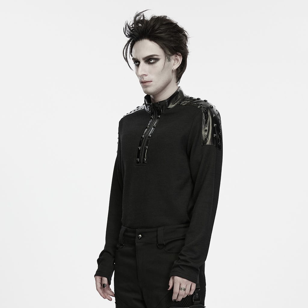 PUNK RAVE Men's Punk Studded Eyelet Zipper Mock Neck Long Sleeve Top
