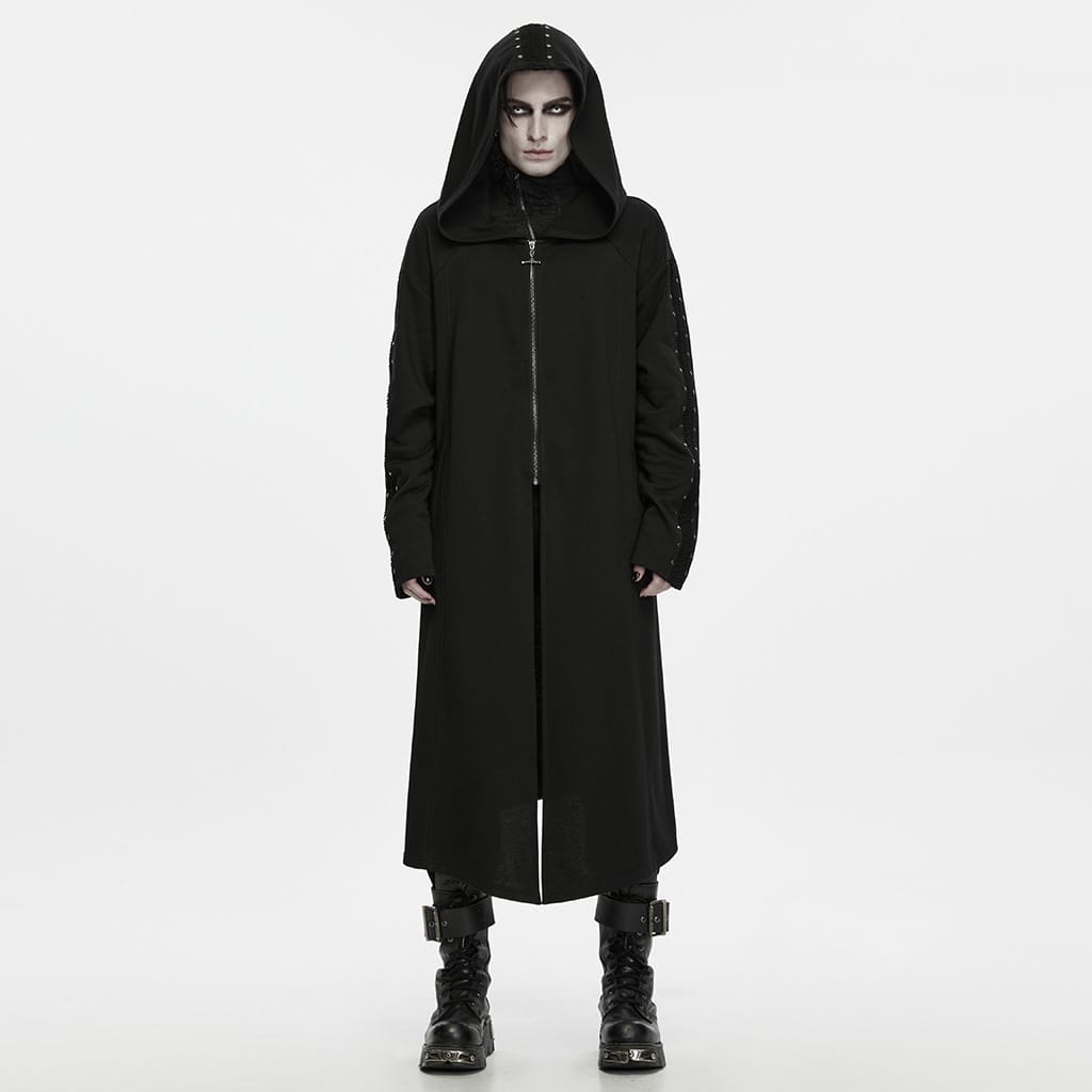 PUNK RAVE Men's Punk Studded Front Zipper Hooded Long Jacket