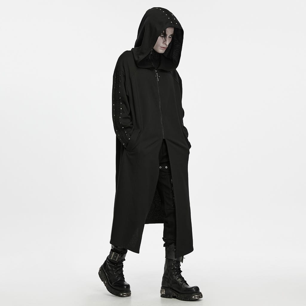 PUNK RAVE Men's Punk Studded Front Zipper Hooded Long Jacket