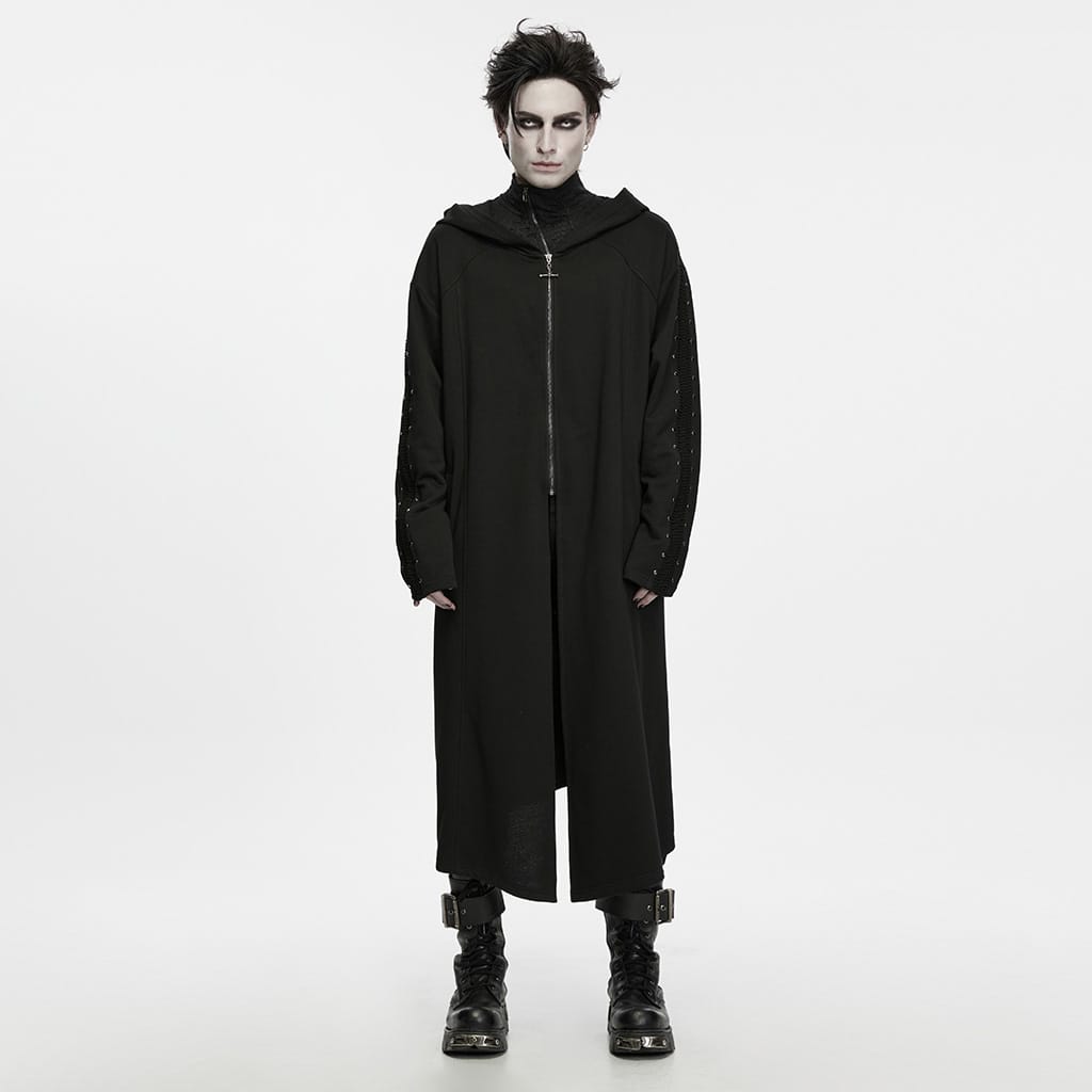 PUNK RAVE Men's Punk Studded Front Zipper Hooded Long Jacket