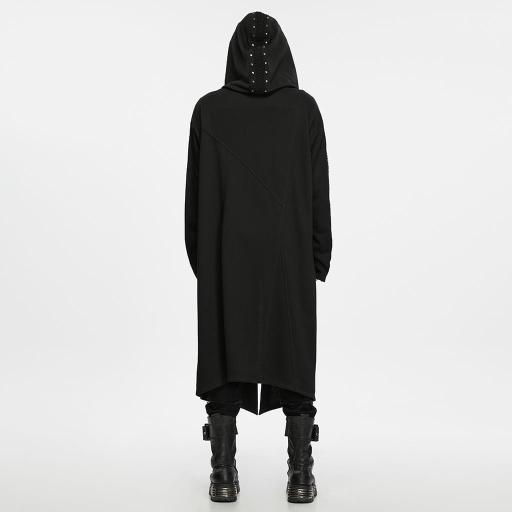 PUNK RAVE Men's Punk Studded Front Zipper Hooded Long Jacket