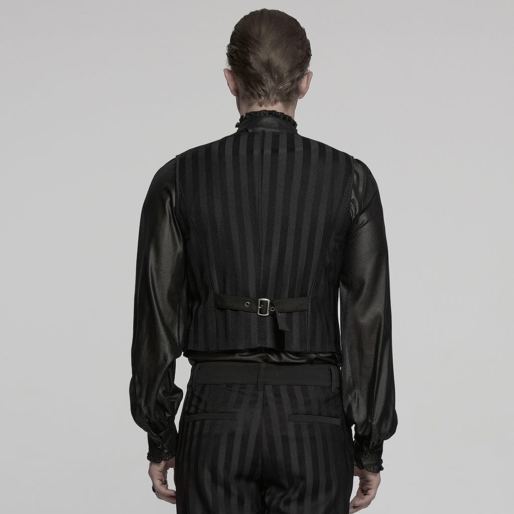 PUNK RAVE Men's Steampunk Striped Buckle Waistcoat Black