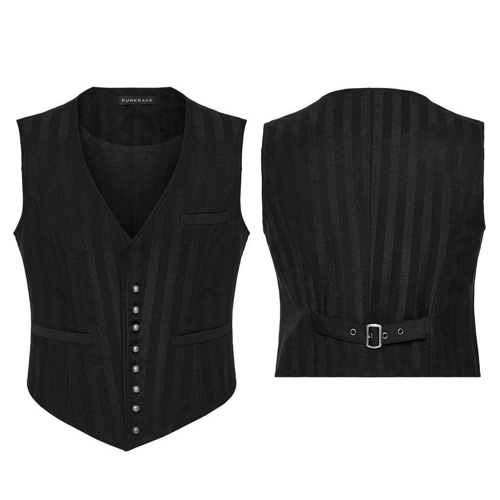 PUNK RAVE Men's Steampunk Striped Buckle Waistcoat Black