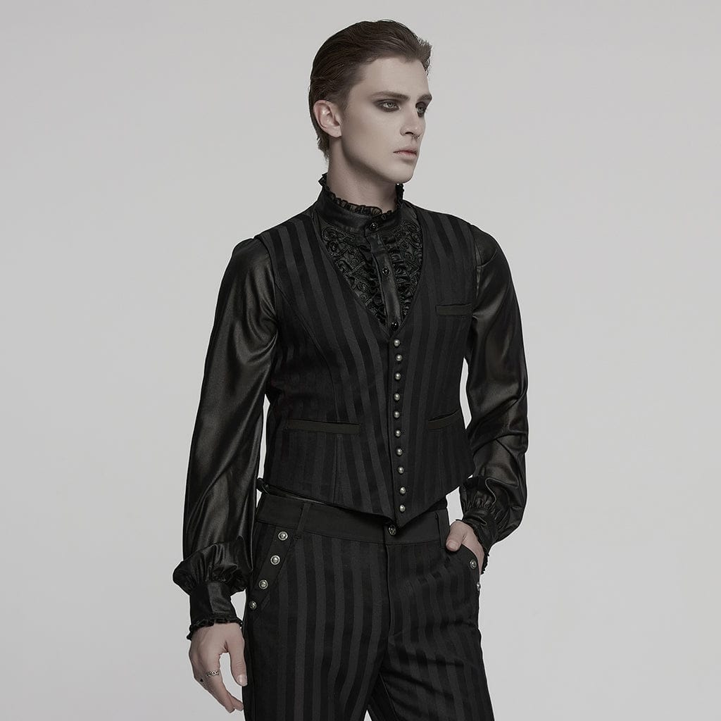 PUNK RAVE Men's Steampunk Striped Buckle Waistcoat Black