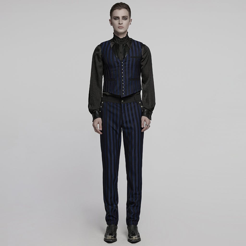 PUNK RAVE Men's Steampunk Striped Buckle Waistcoat Blue