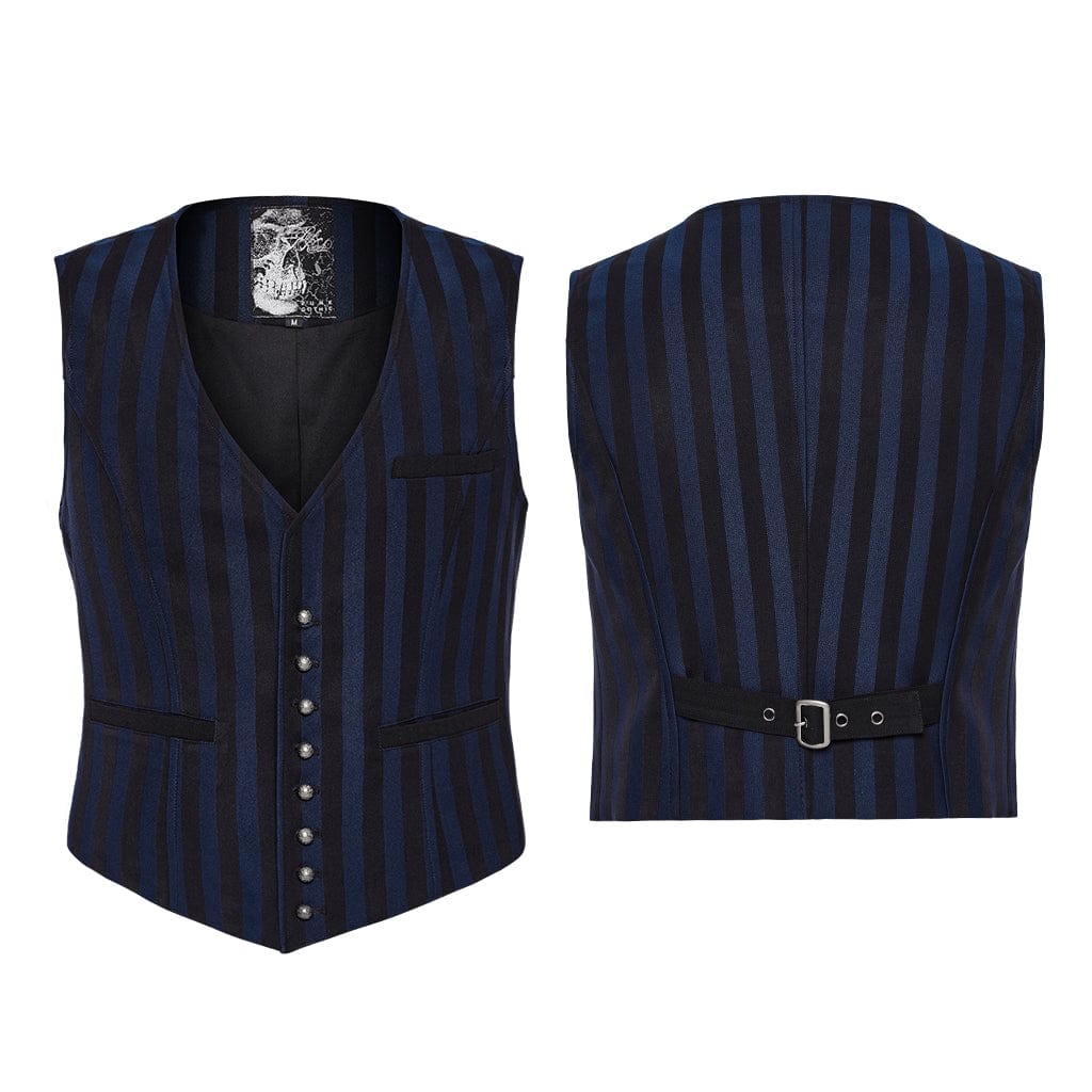 PUNK RAVE Men's Steampunk Striped Buckle Waistcoat Blue